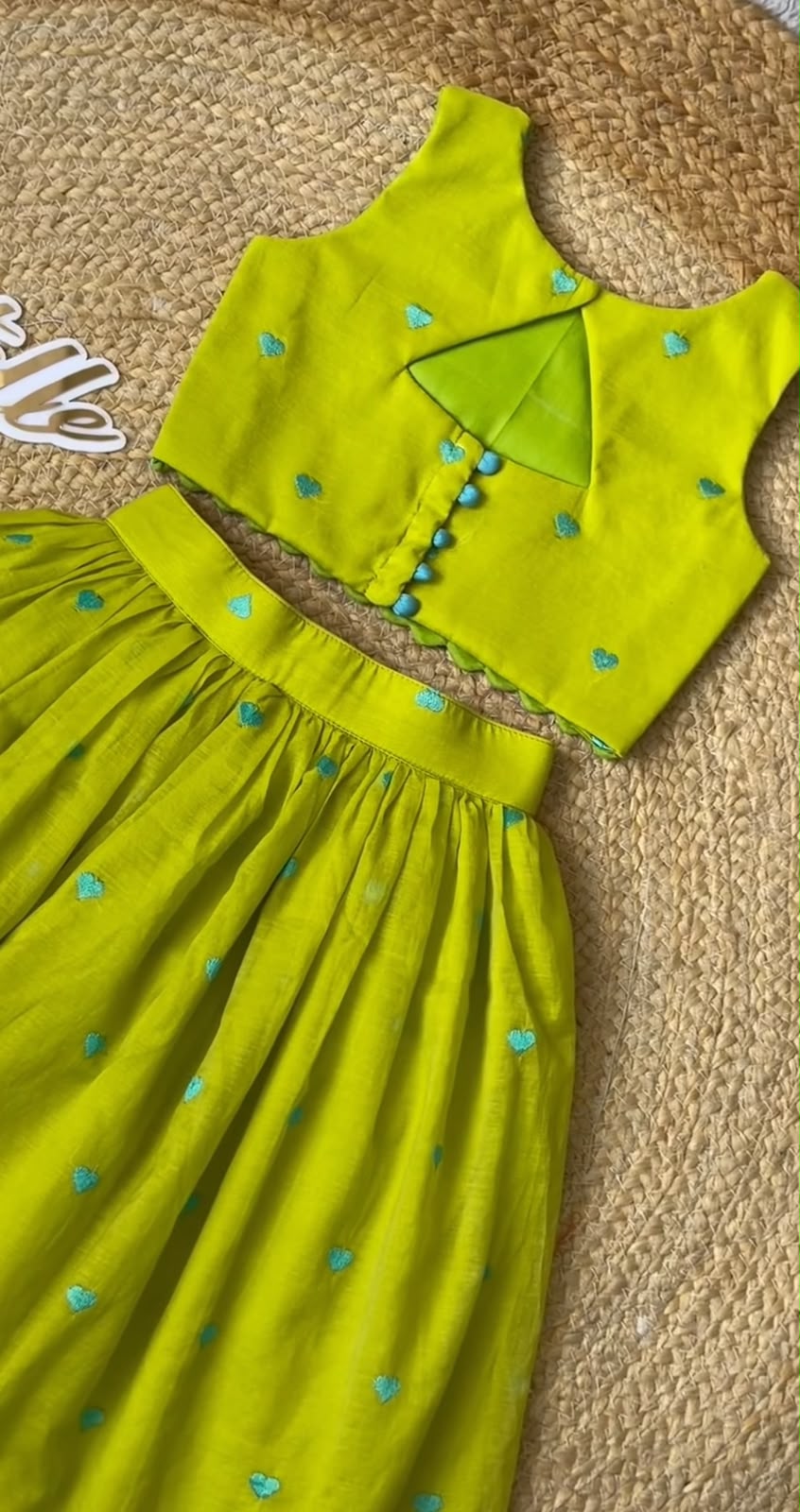 Girls Lime Green Embroidered Cotton Lehenga Choli Set with Back Keyhole