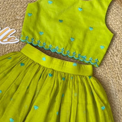 Girls Lime Green Embroidered Cotton Lehenga Choli Set with Back Keyhole