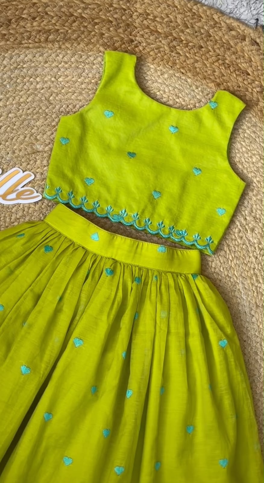 Girls Lime Green Embroidered Cotton Lehenga Choli Set with Back Keyhole