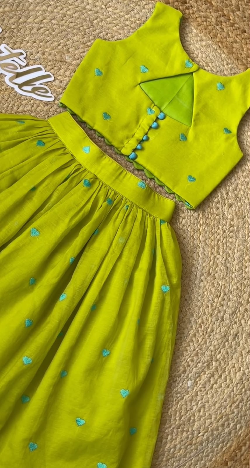 Girls Lime Green Embroidered Cotton Lehenga Choli Set with Back Keyhole
