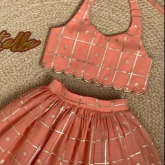 Peach Zari Check Halter Neck Lehenga Choli Set
