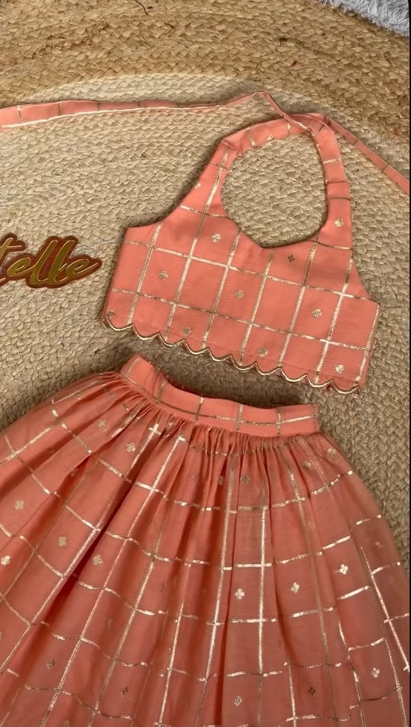 Peach Zari Check Halter Neck Lehenga Choli Set