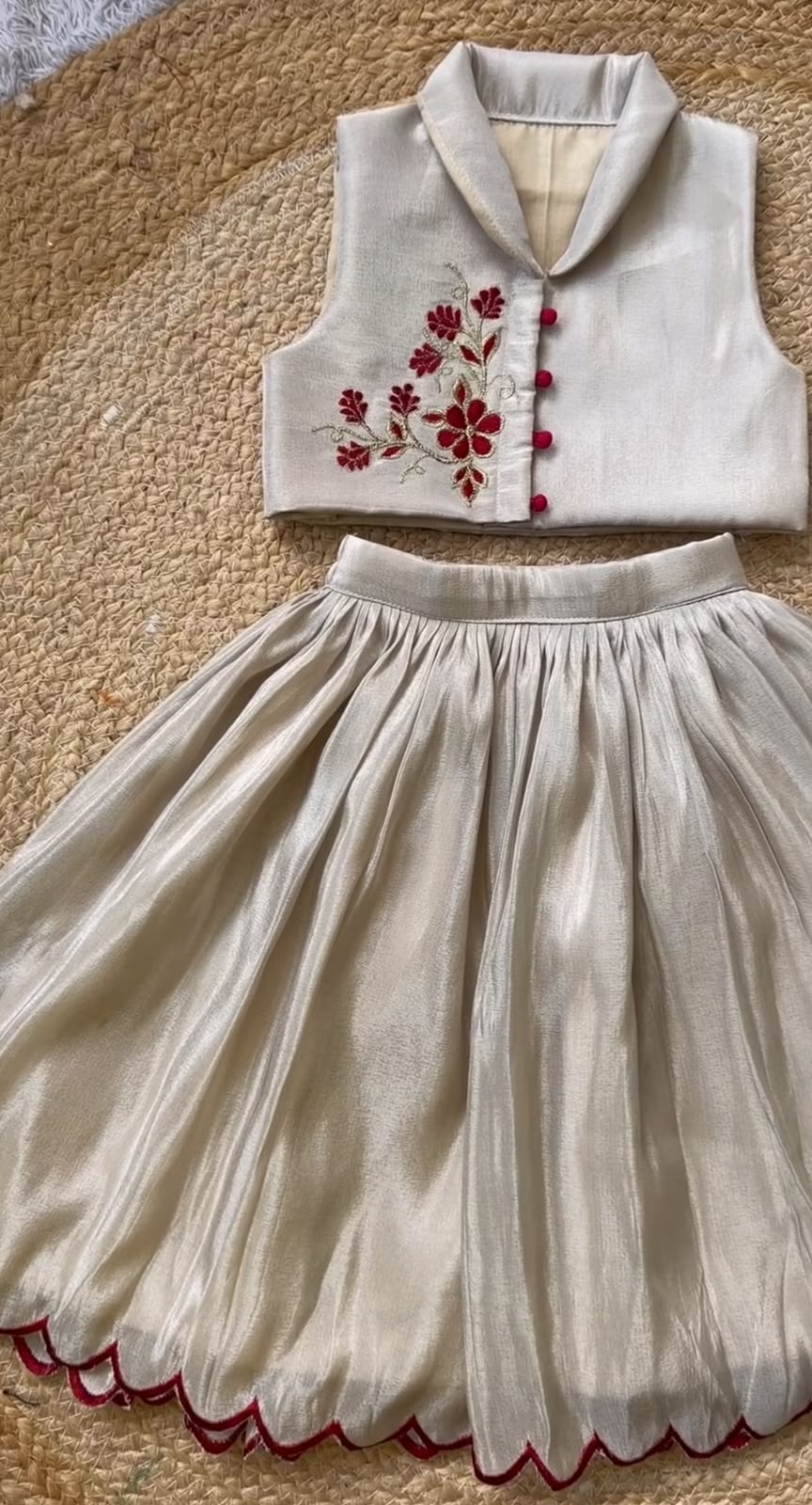 Metallic Champagne Lehenga Set with Floral Hand Embroidery