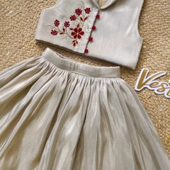 Metallic Champagne Lehenga Set with Floral Hand Embroidery