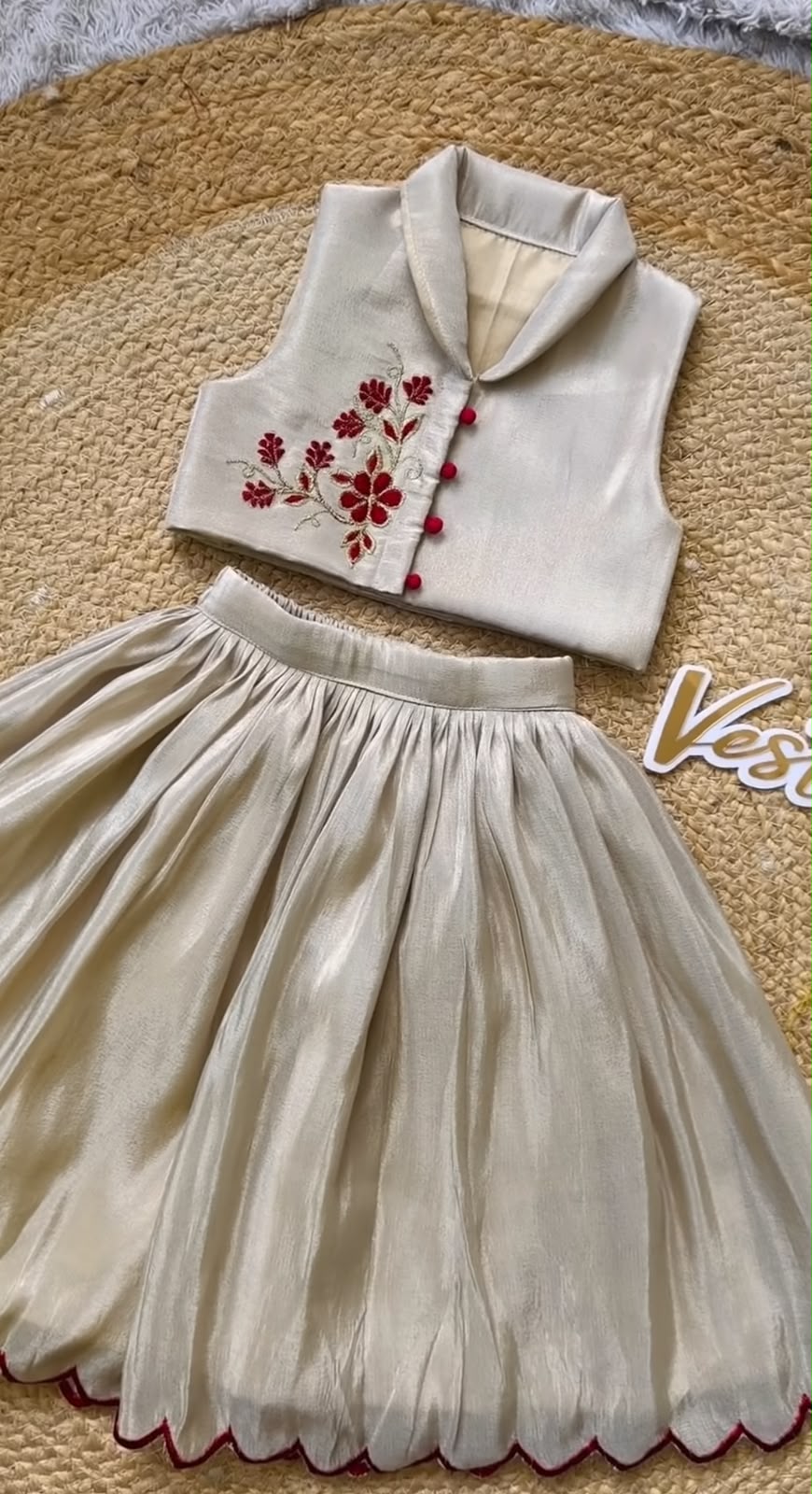 Metallic Champagne Lehenga Set with Floral Hand Embroidery